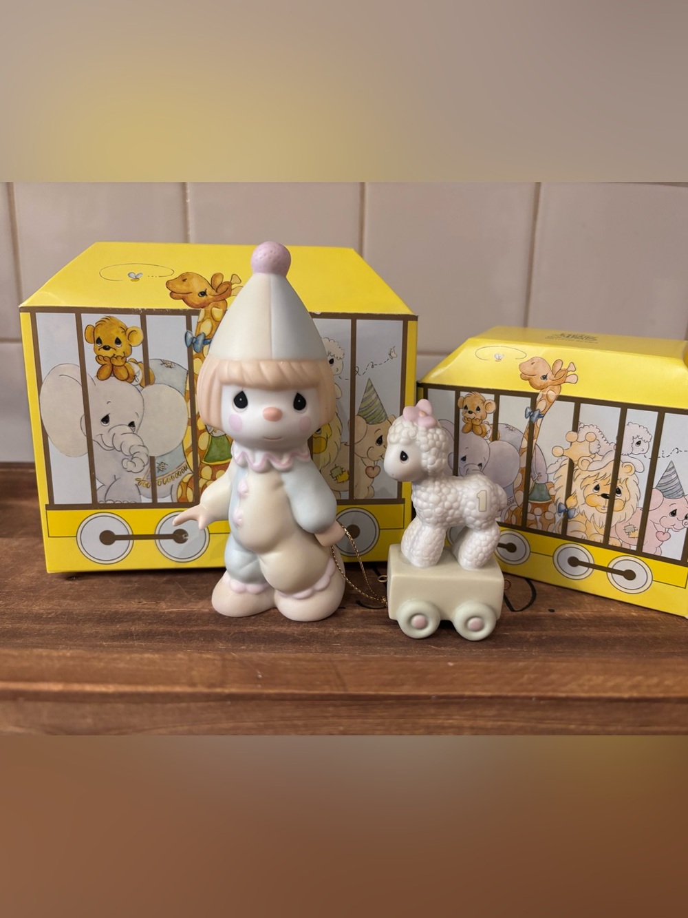 Precious Moments Pastel Clown and Lamb Pull Toy Set - Pink, Cream & Yellow